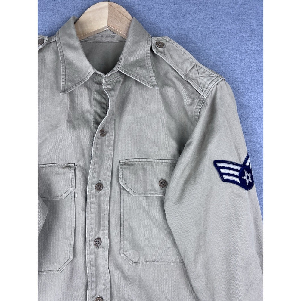 Vintage US Air Force Khaki Twill Military Shirt A1C‎ Rank Patches Tan Mens L